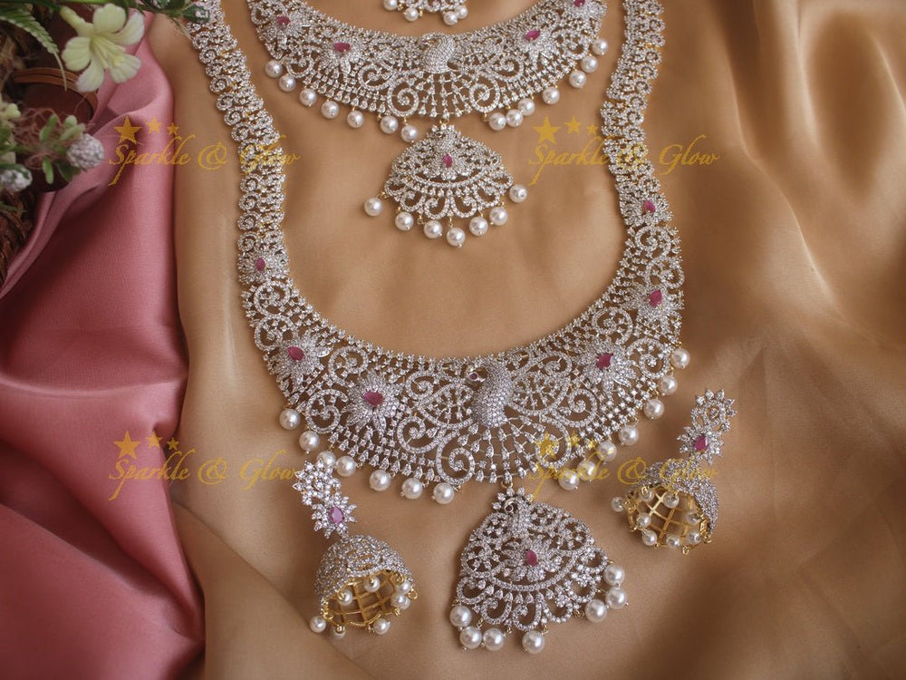 GJ polish peacock floral carved long and short necklace set with Maang Tikka - Pink - Sparkle and Glow - Pink - Back Thread