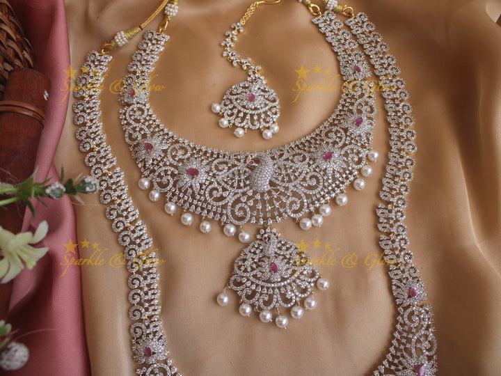 GJ polish peacock floral carved long and short necklace set with Maang Tikka - Pink - Sparkle and Glow - Pink - Back Thread