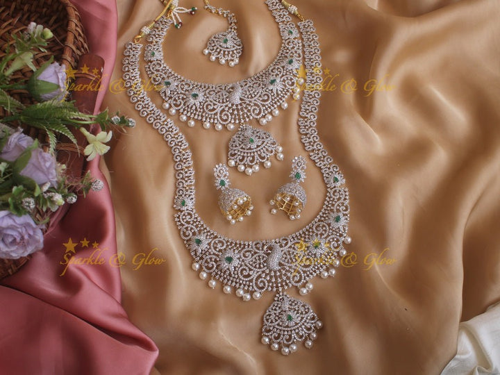 GJ polish peacock floral carved long and short necklace set with Maang Tikka - Pink - Sparkle and Glow - Green - Back Thread