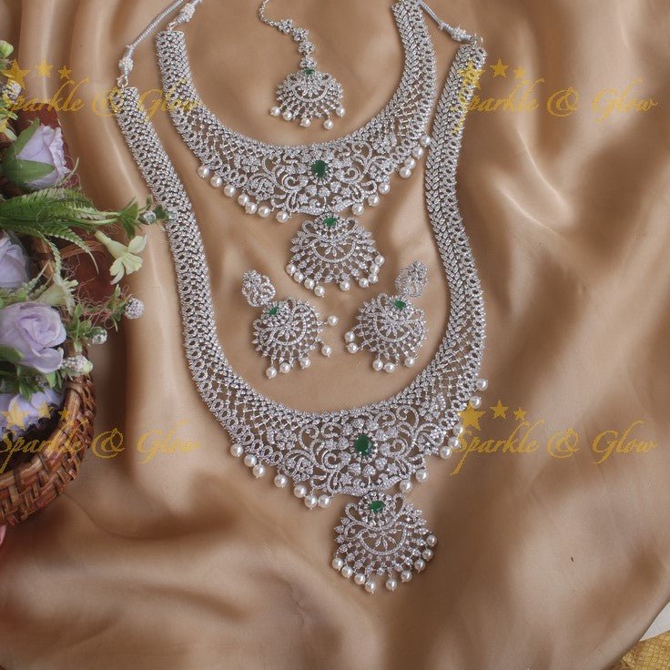 Exclusive floral gj polish carved long and short necklace set - Green - Sparkle and Glow - Green - Back Thread