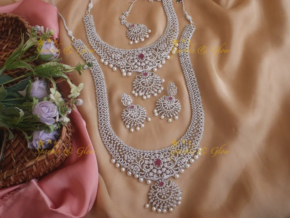 Exclusive floral gj polish carved long and short necklace set - Green - Sparkle and Glow