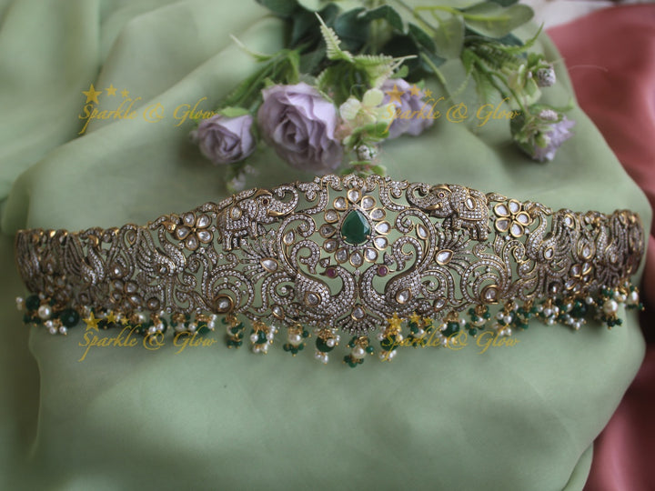 Beautiful Elephant peacock floral leaf design green beads black finish victorian ad hipbelt