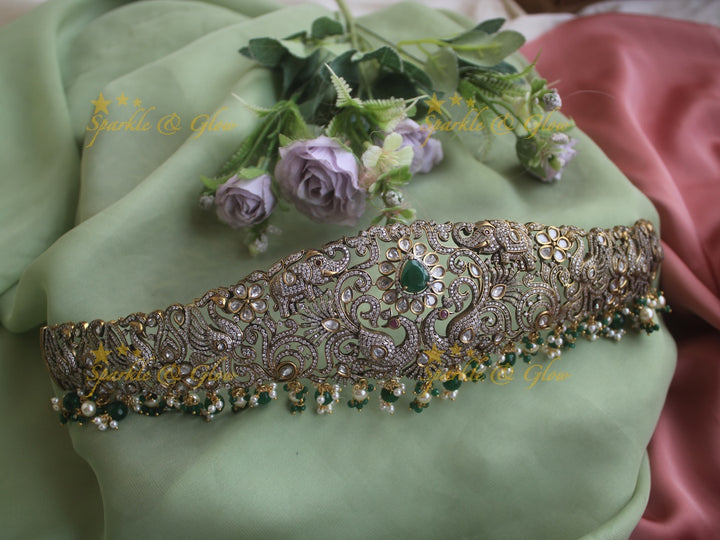 Beautiful Elephant peacock floral leaf design green beads black finish victorian ad hipbelt