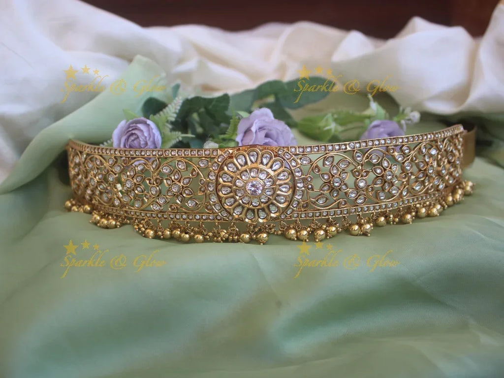 Floral Kundan Gold Bead Hipbelt – Elegant Design
