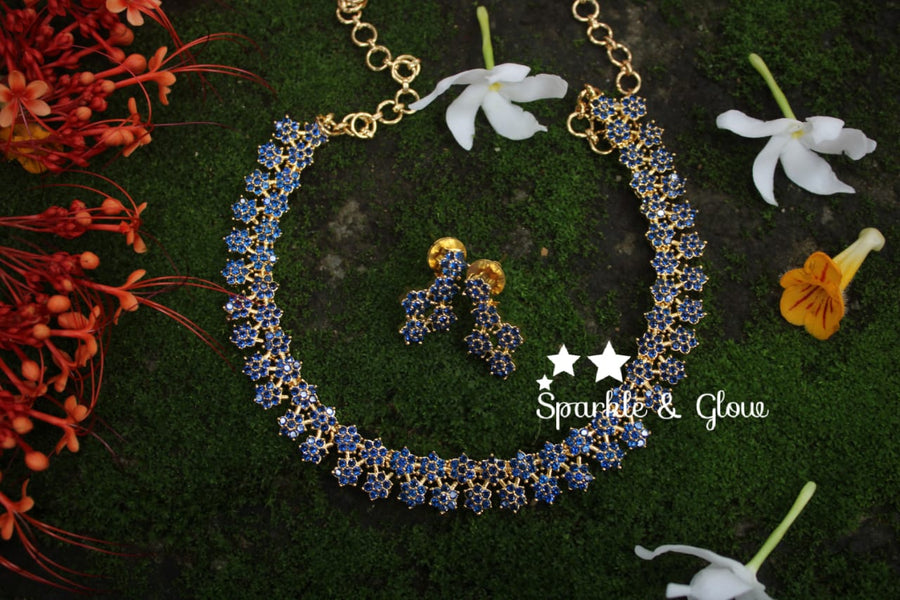Two layer AD stones star gold necklace - white Multi - Sparkle and Glow - Blue - Back Thread