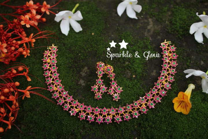 Two layer AD stones star gold necklace - white Multi - Sparkle and Glow - Pink Green - Back Thread