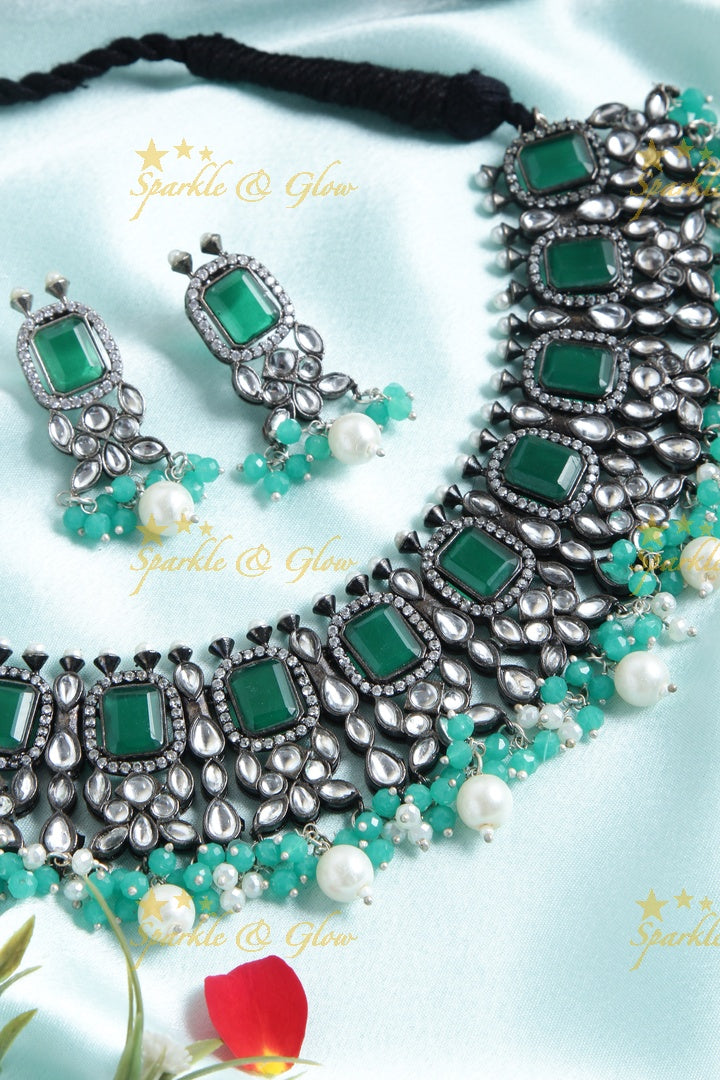 Statement Black metal polish Green Stone silver necklace