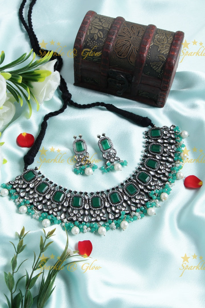 Statement Black metal polish Green Stone silver necklace