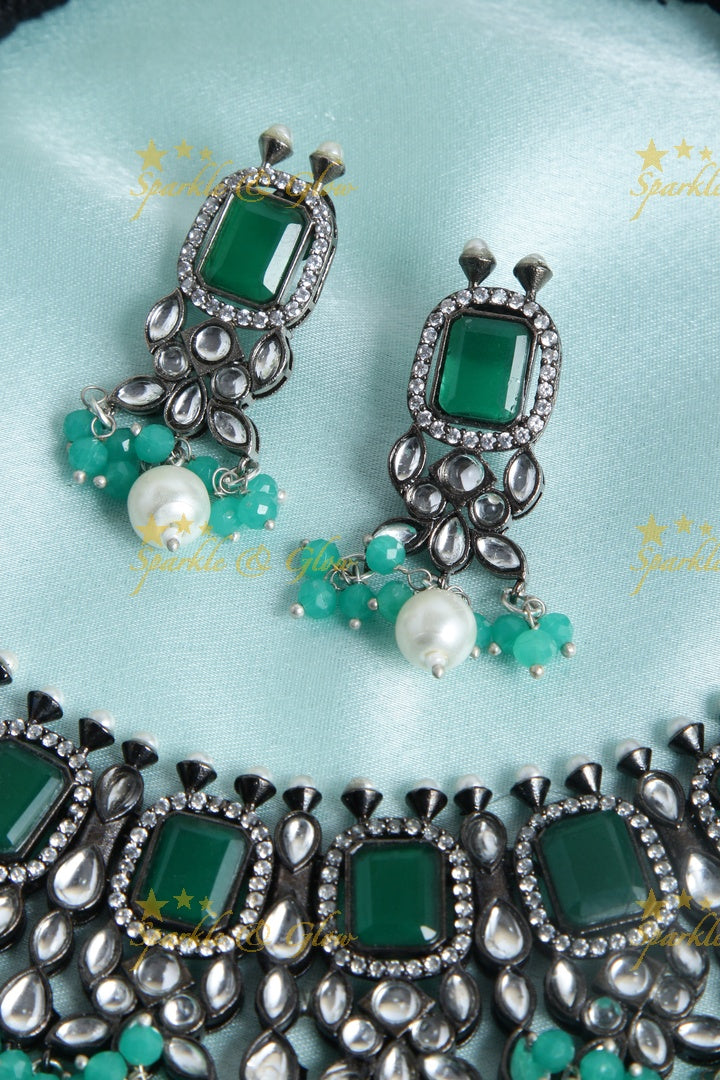 Statement Black metal polish Green Stone silver necklace