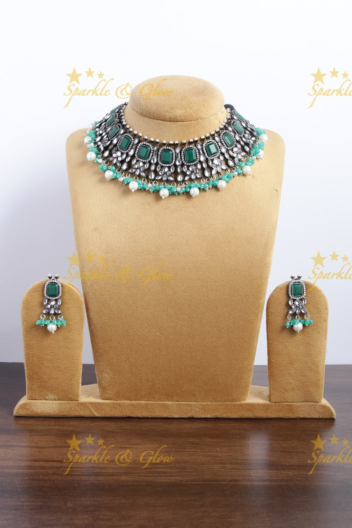 Statement Black metal polish Green Stone silver necklace