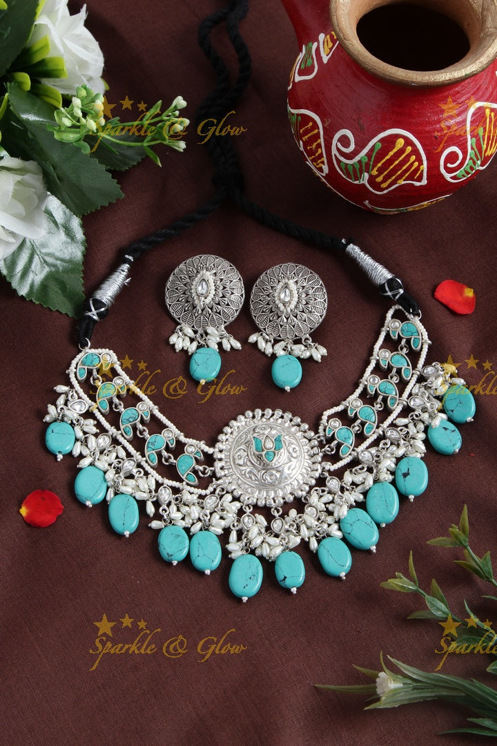 Silver Look alike Jadau Fusion necklace - Green