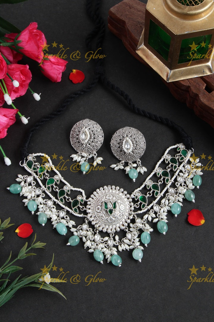 Silver Look alike Jadau Fusion necklace - Green