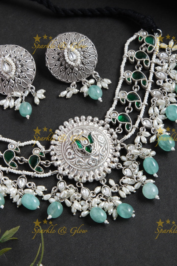 Silver Look alike Jadau Fusion necklace - Green