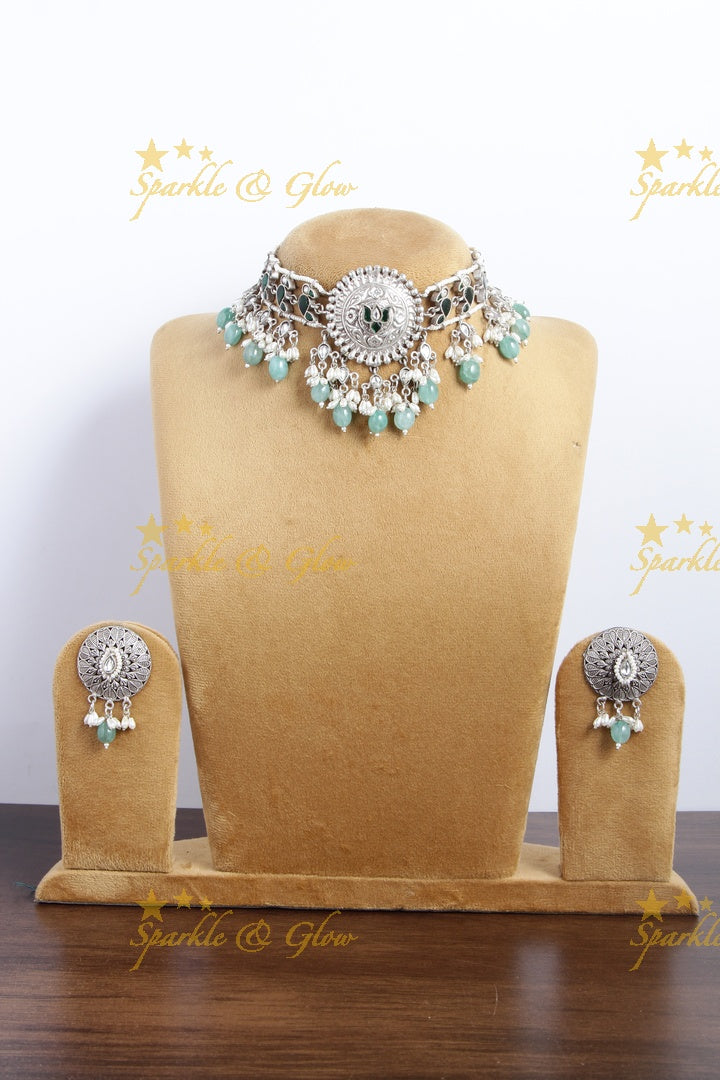Silver Look alike Jadau Fusion necklace - Green