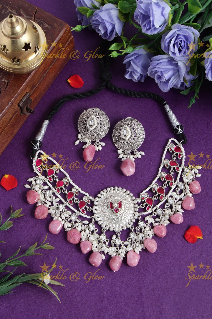 Silver Look alike Jadau Fusion necklace - Green