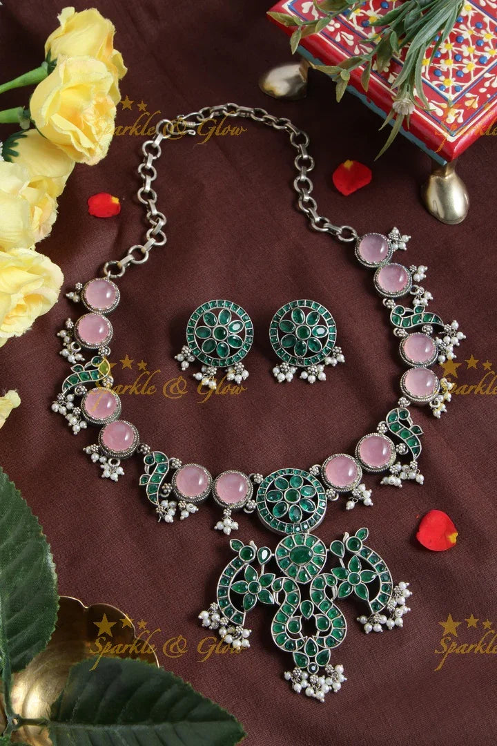 Beautiful silver green and pink stone peacock necklace - Sparkle and Glow