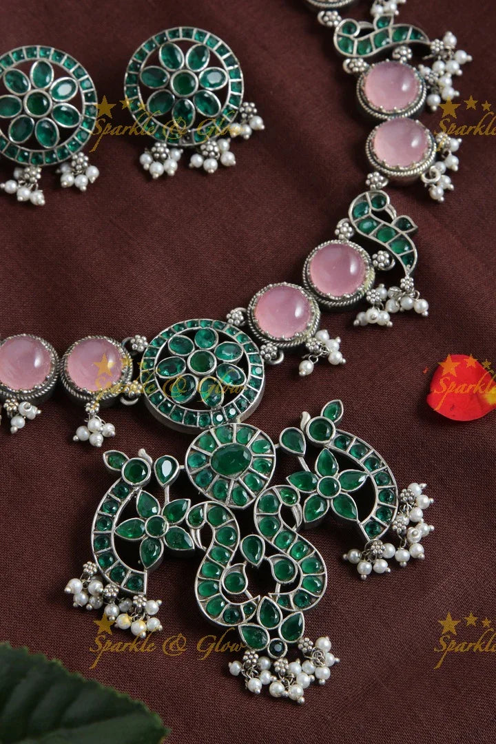 Beautiful silver green and pink stone peacock necklace - Sparkle and Glow
