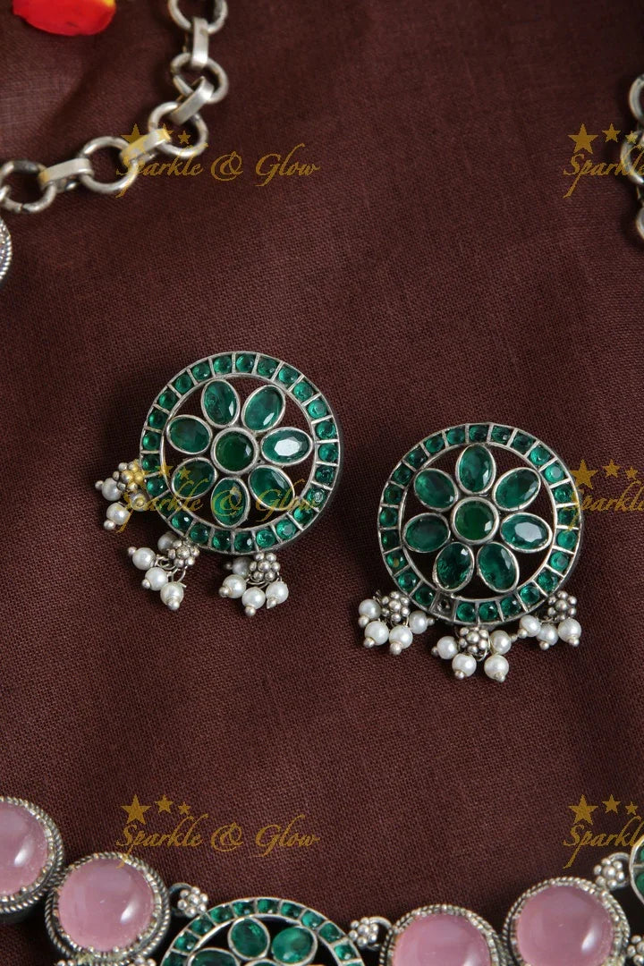 Beautiful silver green and pink stone peacock necklace - Sparkle and Glow