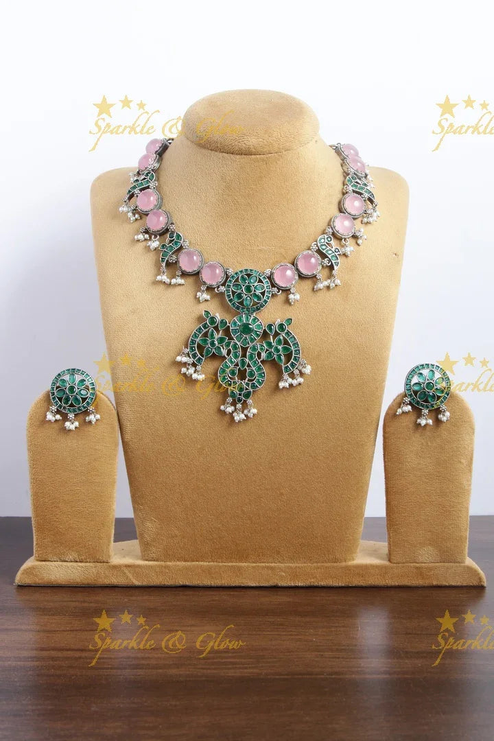 Beautiful silver green and pink stone peacock necklace - Sparkle and Glow