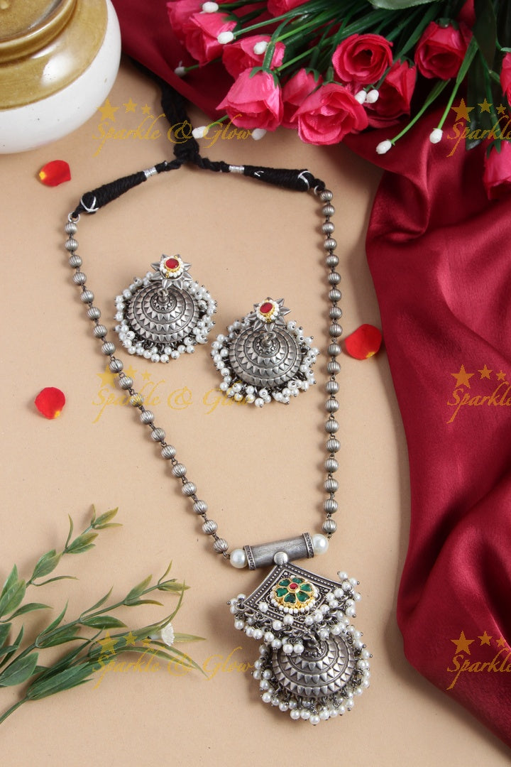 Silver look alike beads jhumuka pendent chain with blue jadau hibiscus