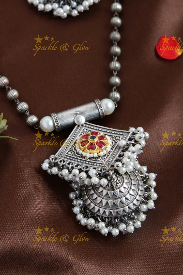 Silver look alike beads jhumuka pendent chain with Red jadau hibiscus