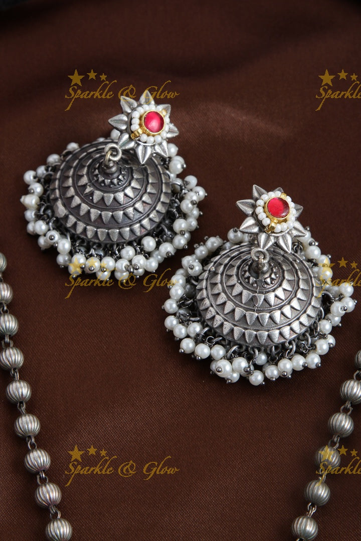 Silver look alike beads jhumuka pendent chain with Red jadau hibiscus
