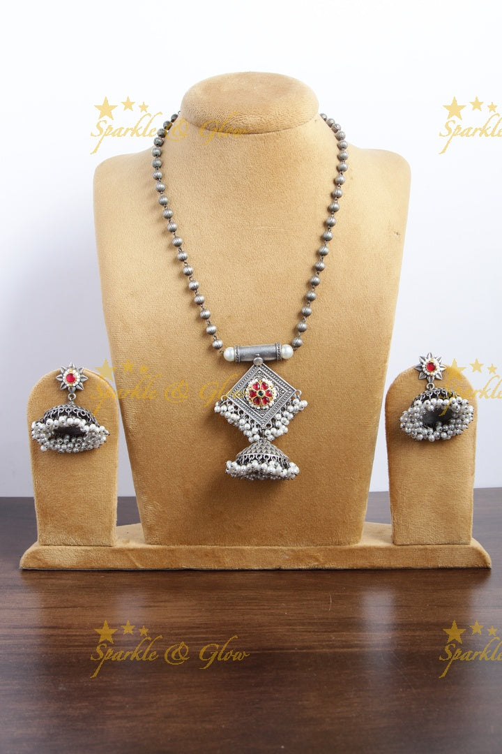 Silver look alike beads jhumuka pendent chain with Red jadau hibiscus