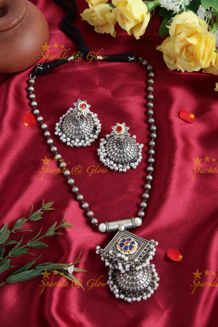 Silver look alike beads jhumuka pendent chain with Red jadau hibiscus