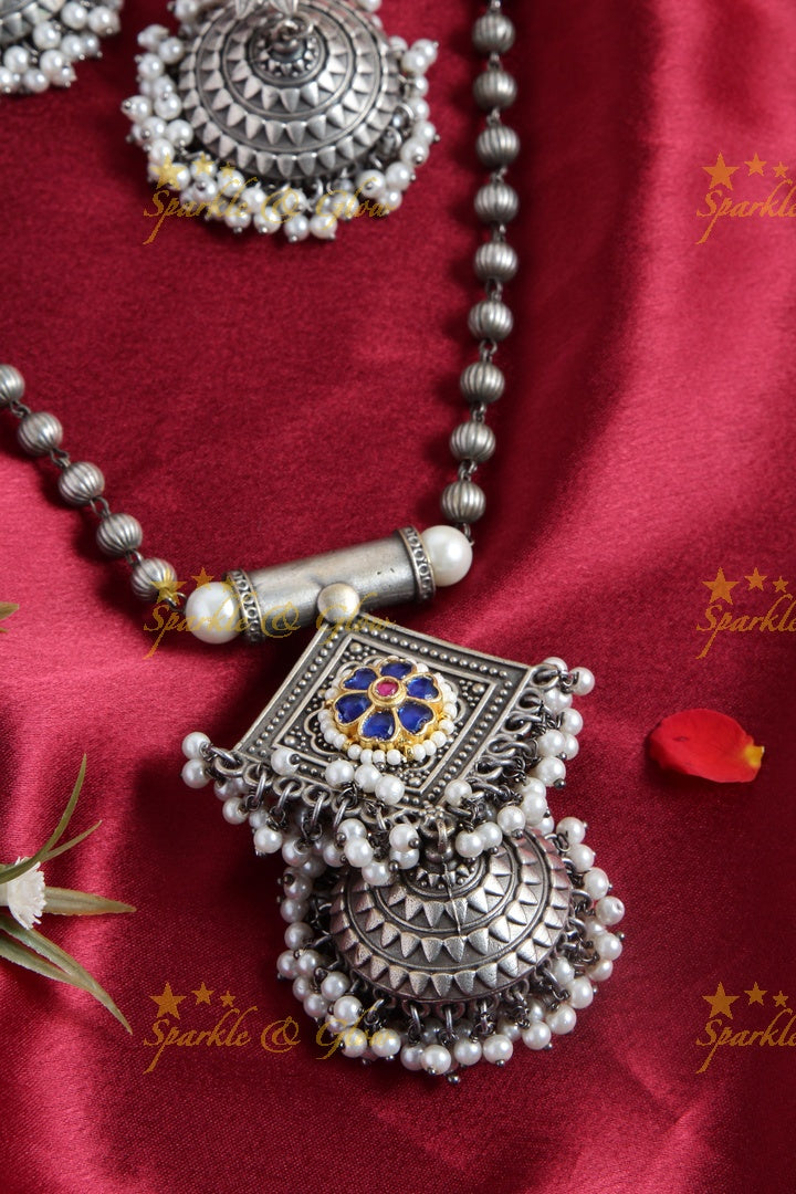 Silver look alike beads jhumuka pendent chain with blue jadau hibiscus