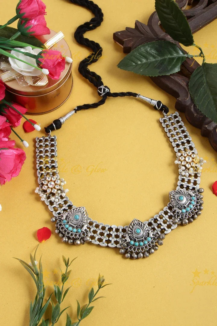 Silver Look alike Jadau floral design Fusion necklace with turquoise stones - Sparkle and Glow
