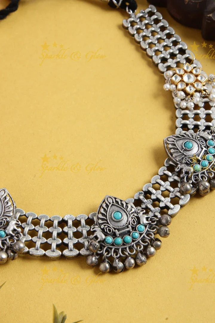 Silver Look alike Jadau floral design Fusion necklace with turquoise stones - Sparkle and Glow