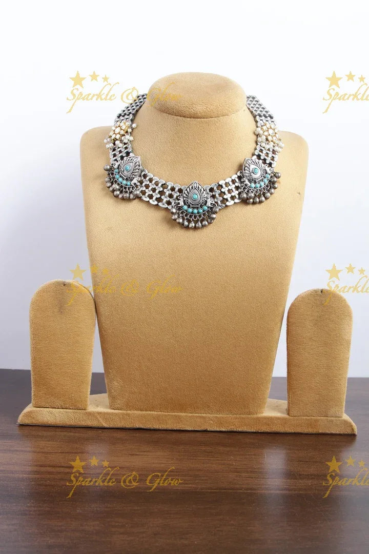 Silver Look alike Jadau floral design Fusion necklace with turquoise stones - Sparkle and Glow
