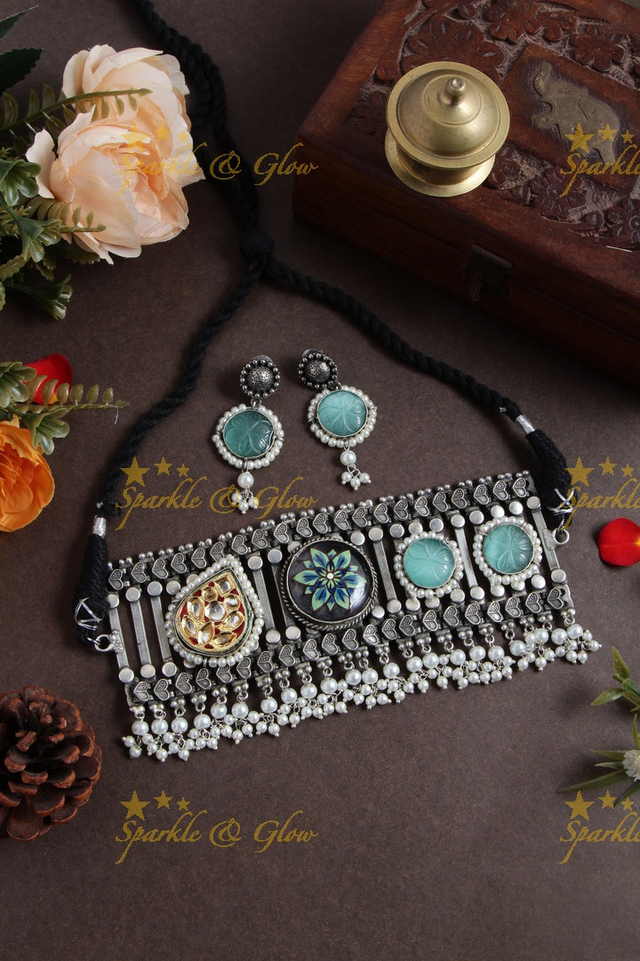 Silver look alike jadau and hand painted choker - Sparkle and Glow