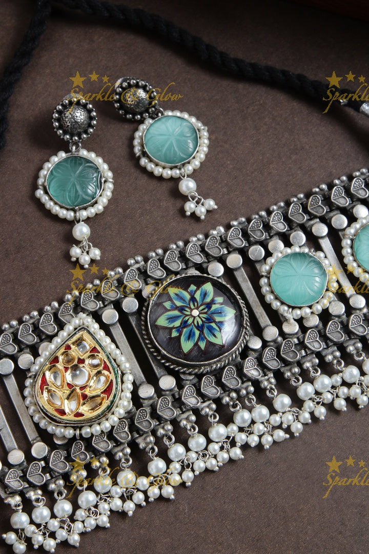 Silver look alike jadau and hand painted choker - Sparkle and Glow