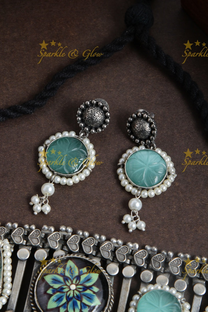 Silver look alike jadau and hand painted choker - Sparkle and Glow
