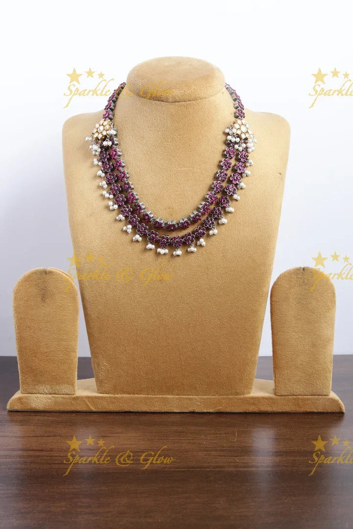 Silver Look alike two layered kemp and jadau stone floral necklace - Sparkle and Glow