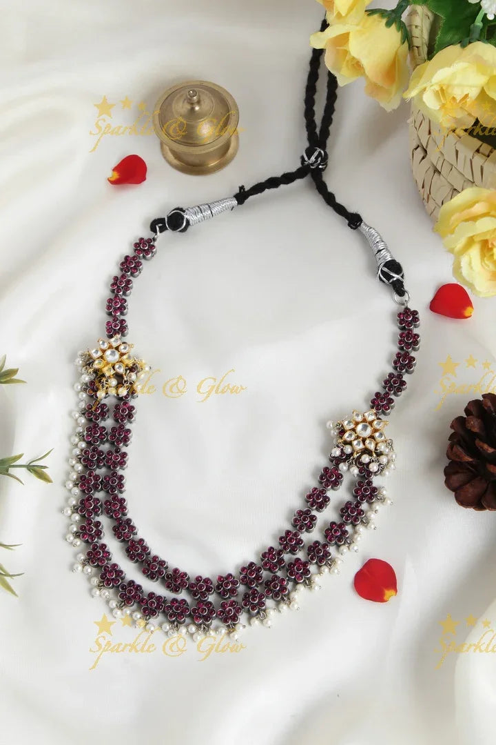 Silver Look alike two layered kemp and jadau stone floral necklace - Sparkle and Glow