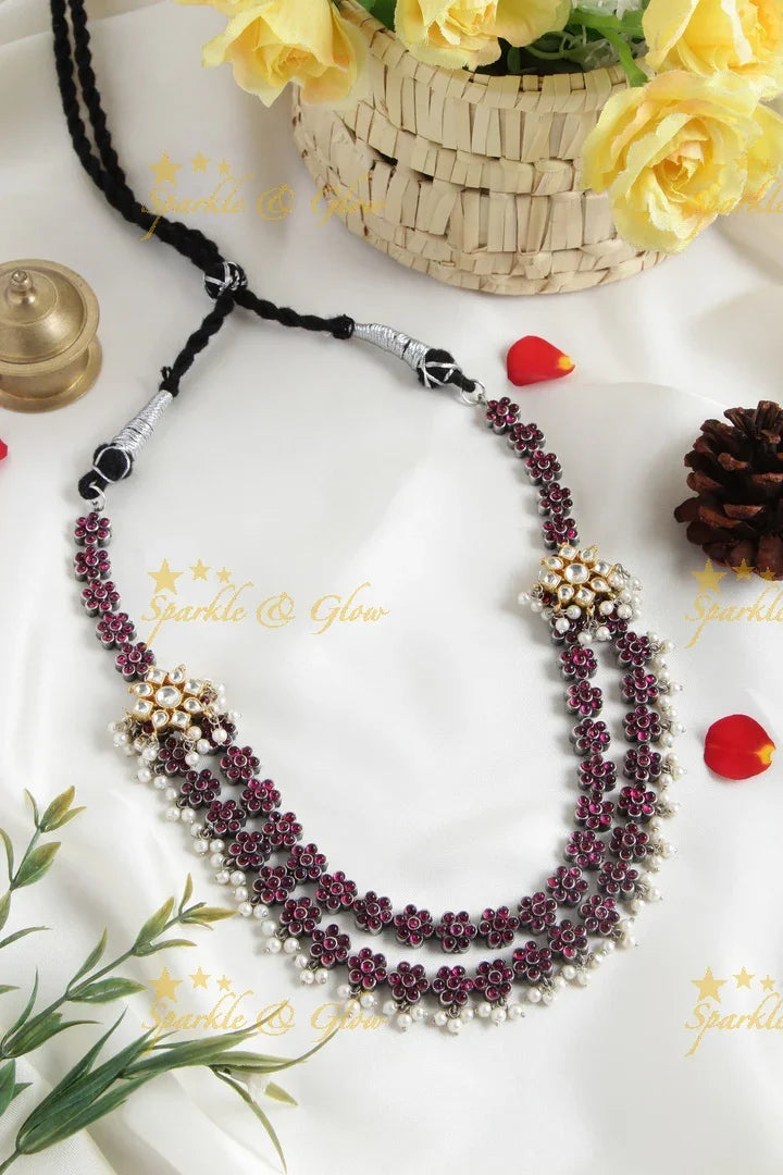 Silver Look alike two layered kemp and jadau stone floral necklace - Sparkle and Glow