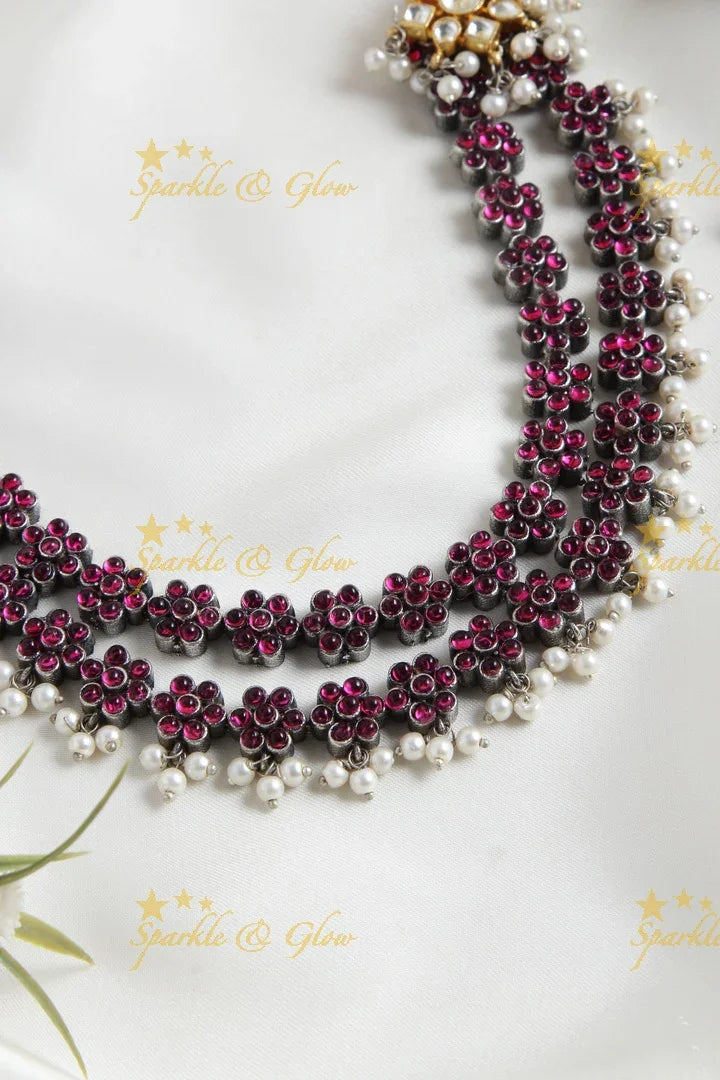 Silver Look alike two layered kemp and jadau stone floral necklace - Sparkle and Glow
