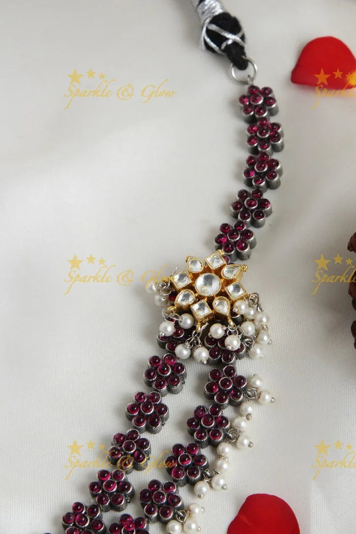 Silver Look alike two layered kemp and jadau stone floral necklace - Sparkle and Glow