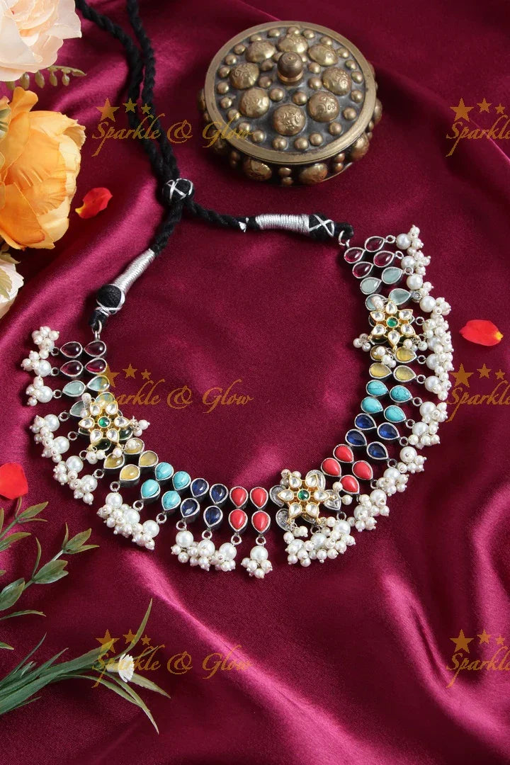 Silver Look alike Jadau navarathna stone Fusion with pearl beads necklace - Sparkle and Glow