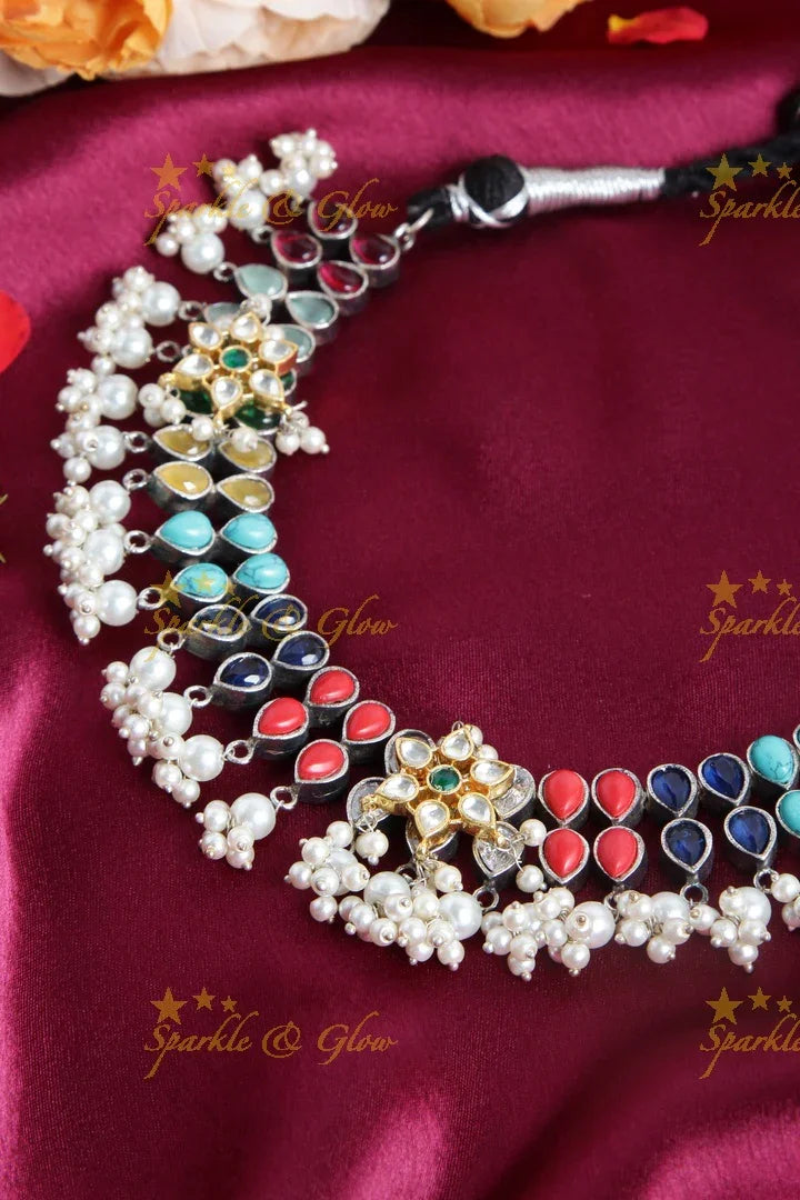 Silver Look alike Jadau navarathna stone Fusion with pearl beads necklace - Sparkle and Glow