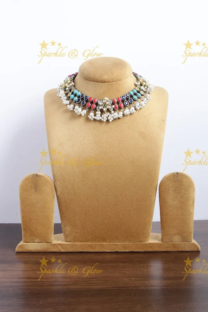 Silver Look alike Jadau navarathna stone Fusion with pearl beads necklace - Sparkle and Glow