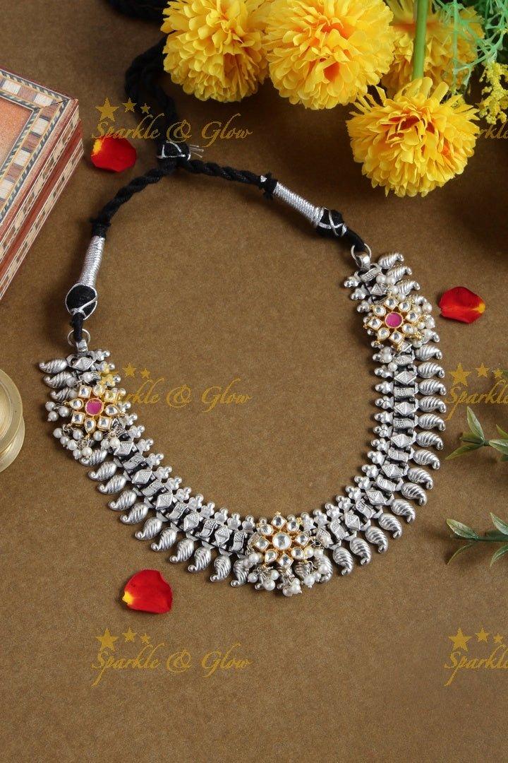Silver Look alike Jadau moggapu design Fusion necklace - Sparkle and Glow