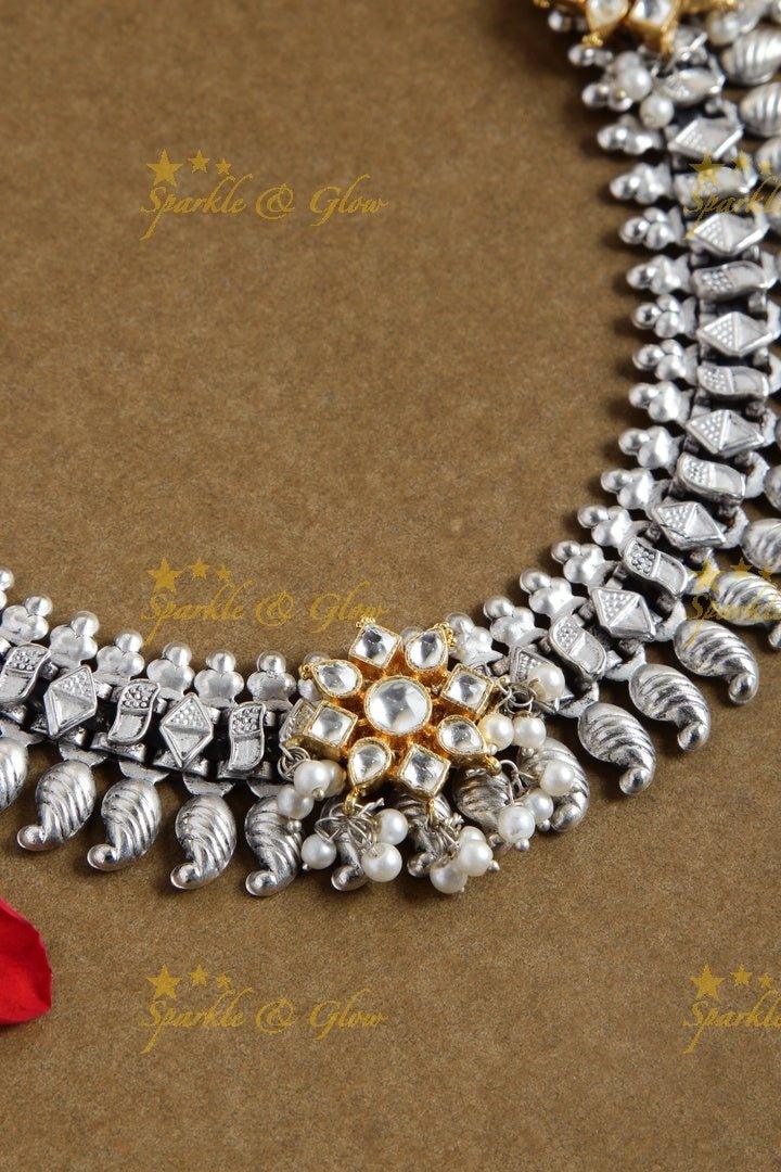 Silver Look alike Jadau moggapu design Fusion necklace - Sparkle and Glow
