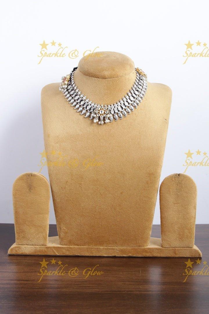 Silver Look alike Jadau moggapu design Fusion necklace - Sparkle and Glow