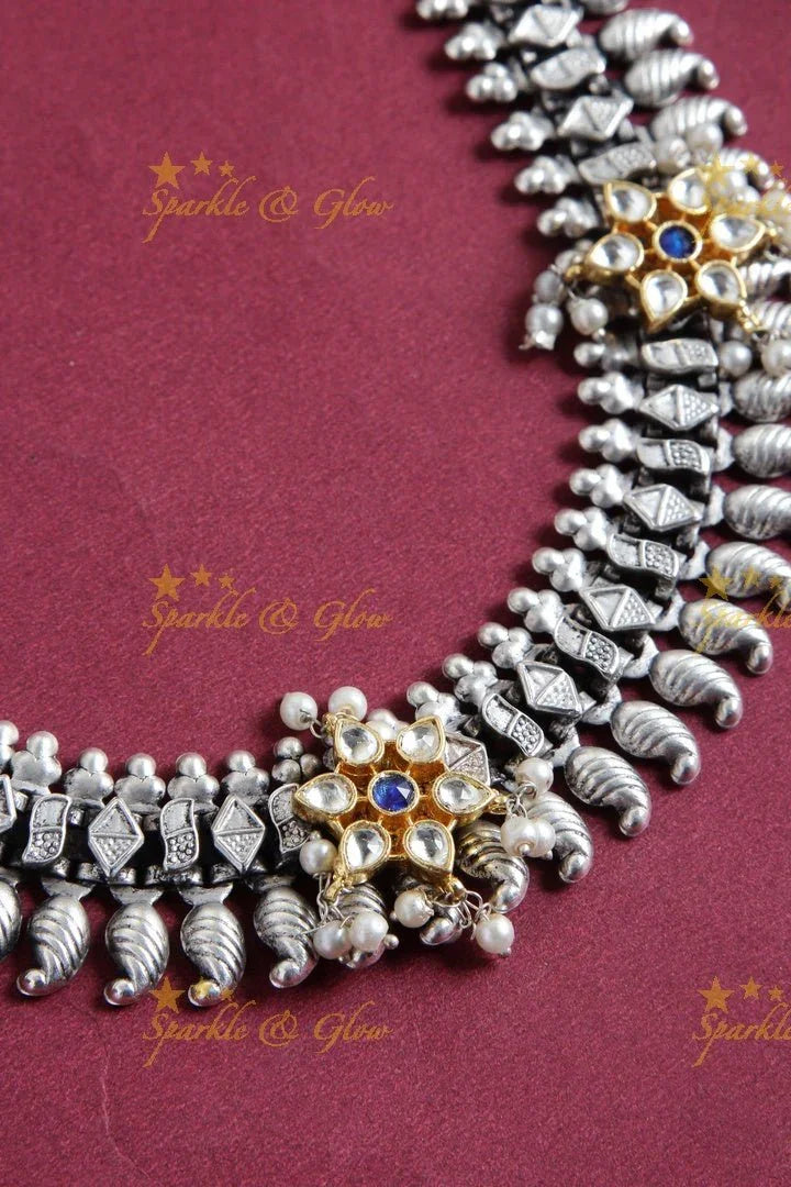 Silver Look alike Jadau moggapu design Fusion necklace - Sparkle and Glow