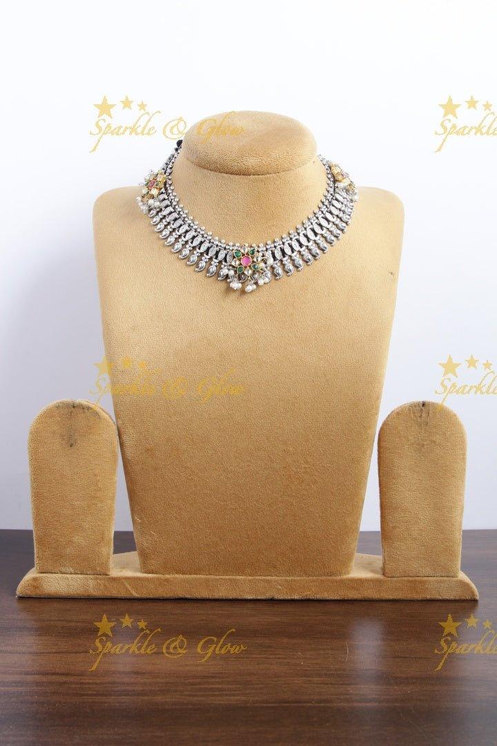 Silver Look alike Jadau moggapu design Fusion necklace - Sparkle and Glow