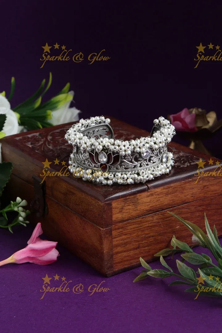 Lotus Pearl Kada Bracelet - Ethnic Indian Style