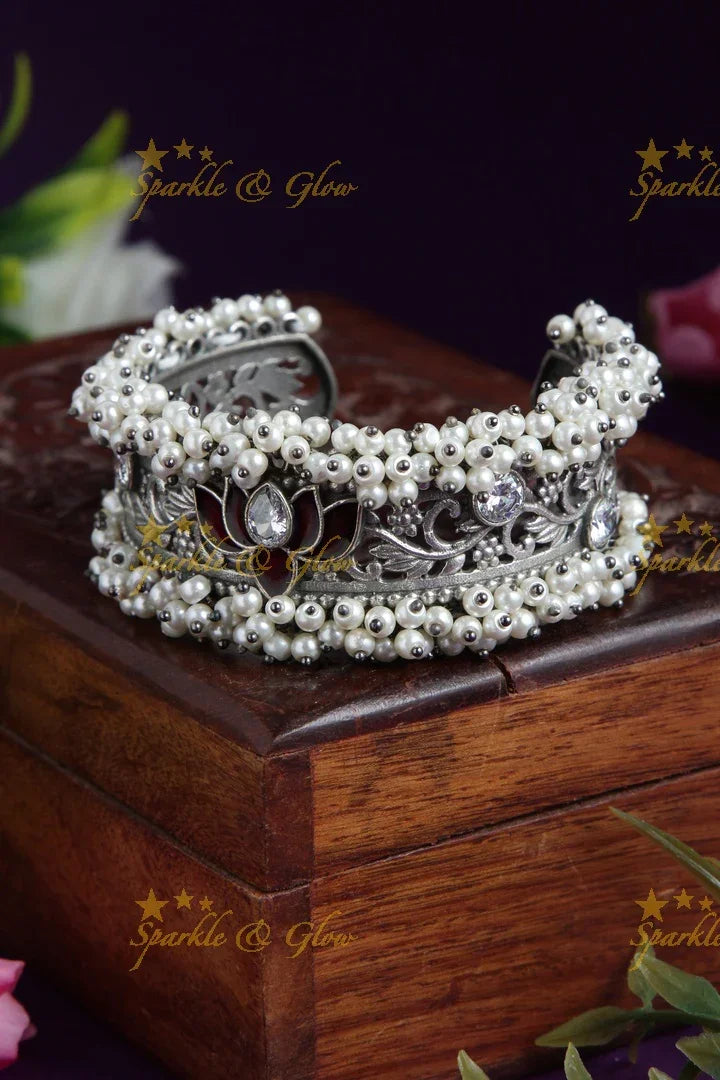 Lotus Pearl Kada Bracelet - Ethnic Indian Style